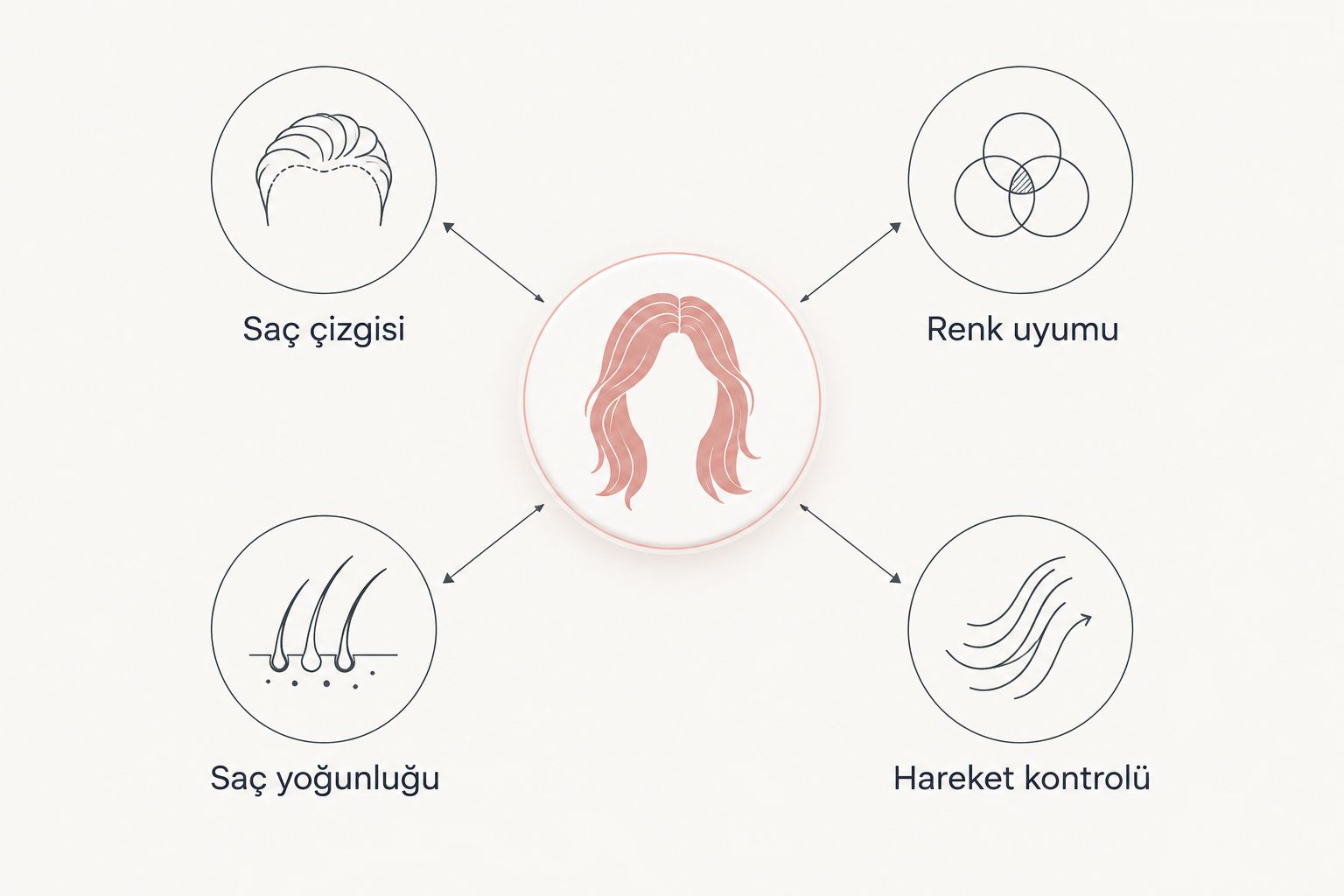 Protez saç seçiminde saç çizgisi, renk, yoğunluk ve hareket kontrolünü gösteren şema