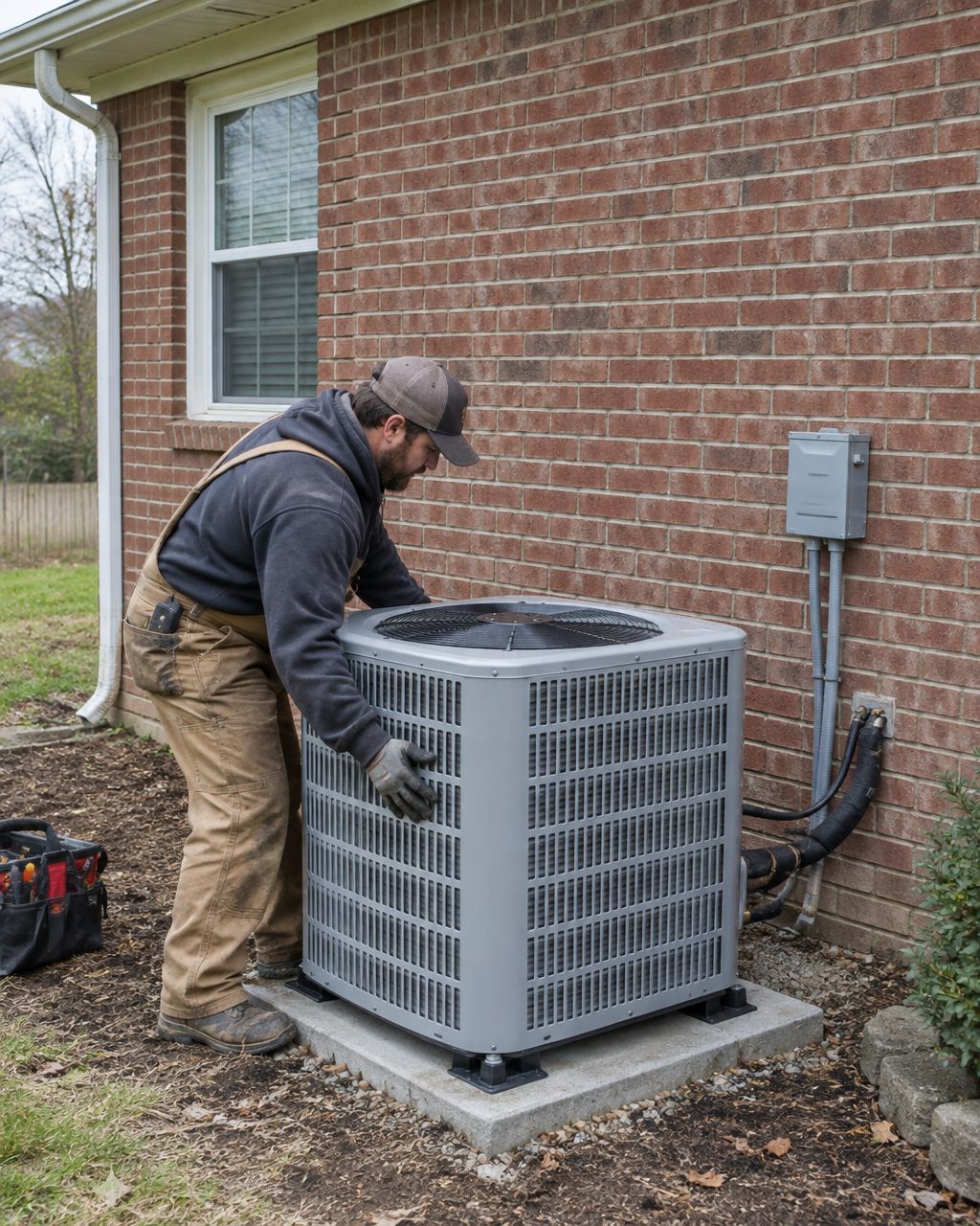 HVAC technician setting a new outdoor condenser unit beside a brick home