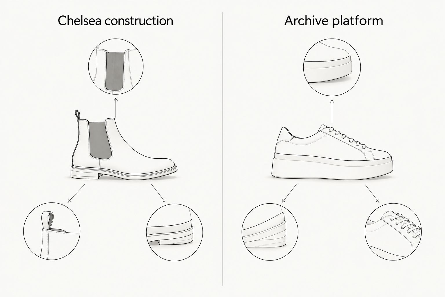 Chelsea construction compared with an archive platform's stacked wedge and stretch upper