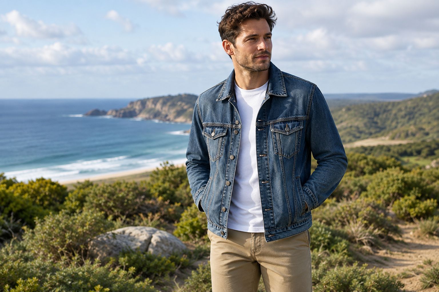 Denim jacket over a plain T-shirt with contrasting chinos