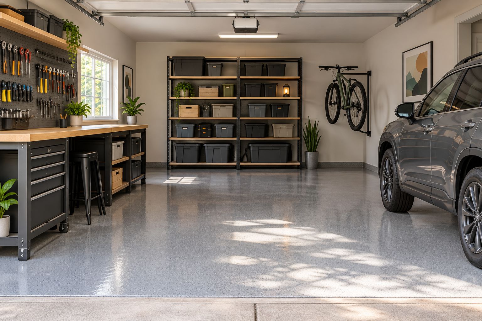Garage with a coated floor, wall-mounted tools, a workbench, and clear space beside a vehicle