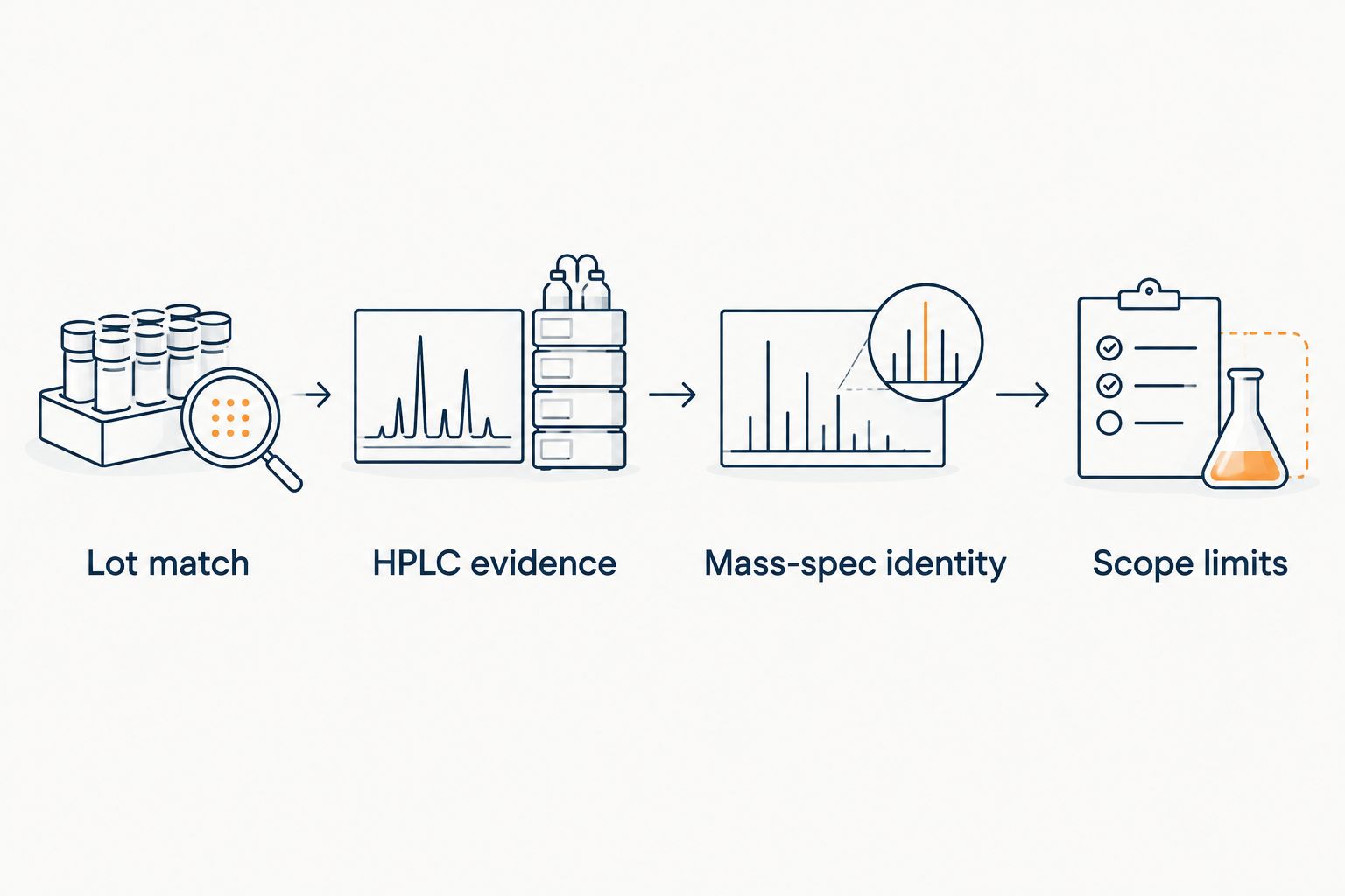 Four document checks covering lot matching, HPLC, mass-spec identity and report limitations