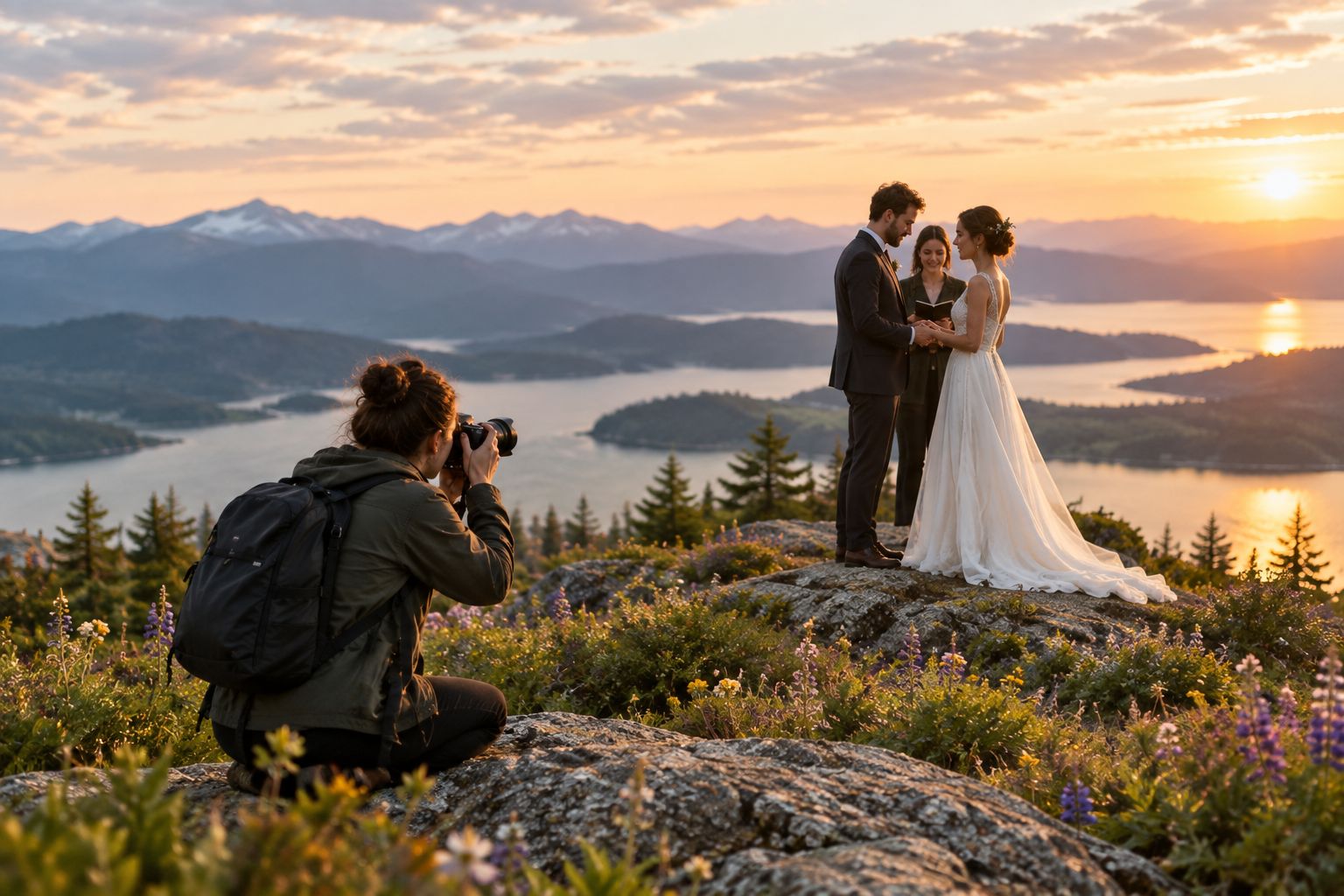 Couple eloping on a mountain overlook with a photographer capturing the ceremony