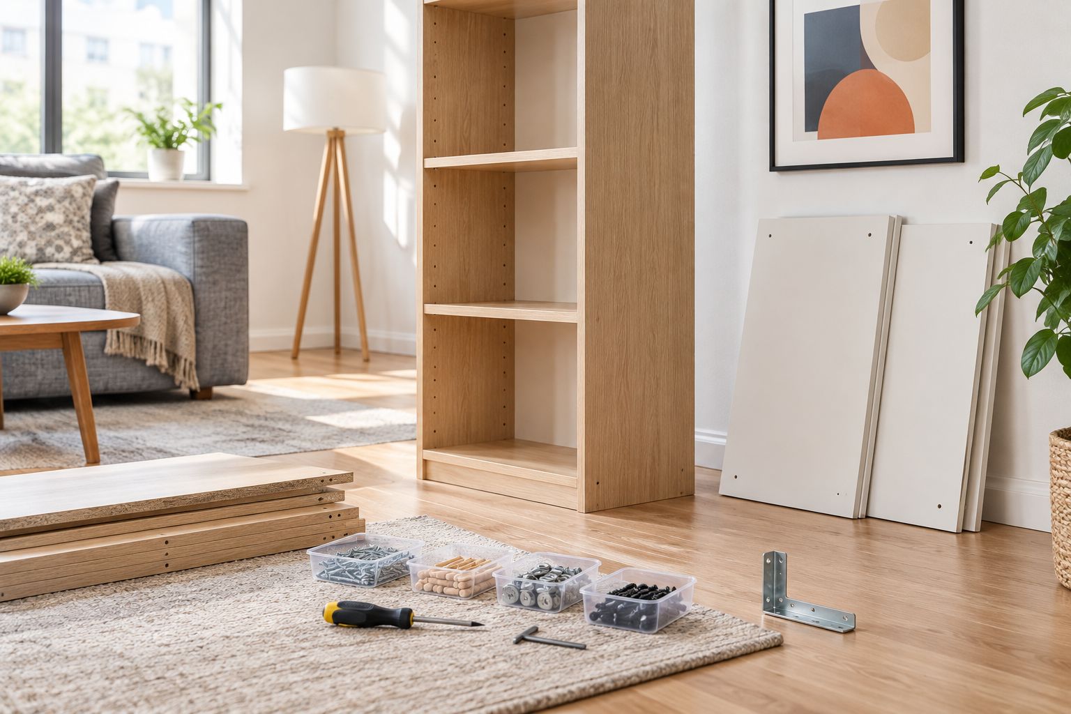 Furniture parts and hardware organized beside a clear apartment work area