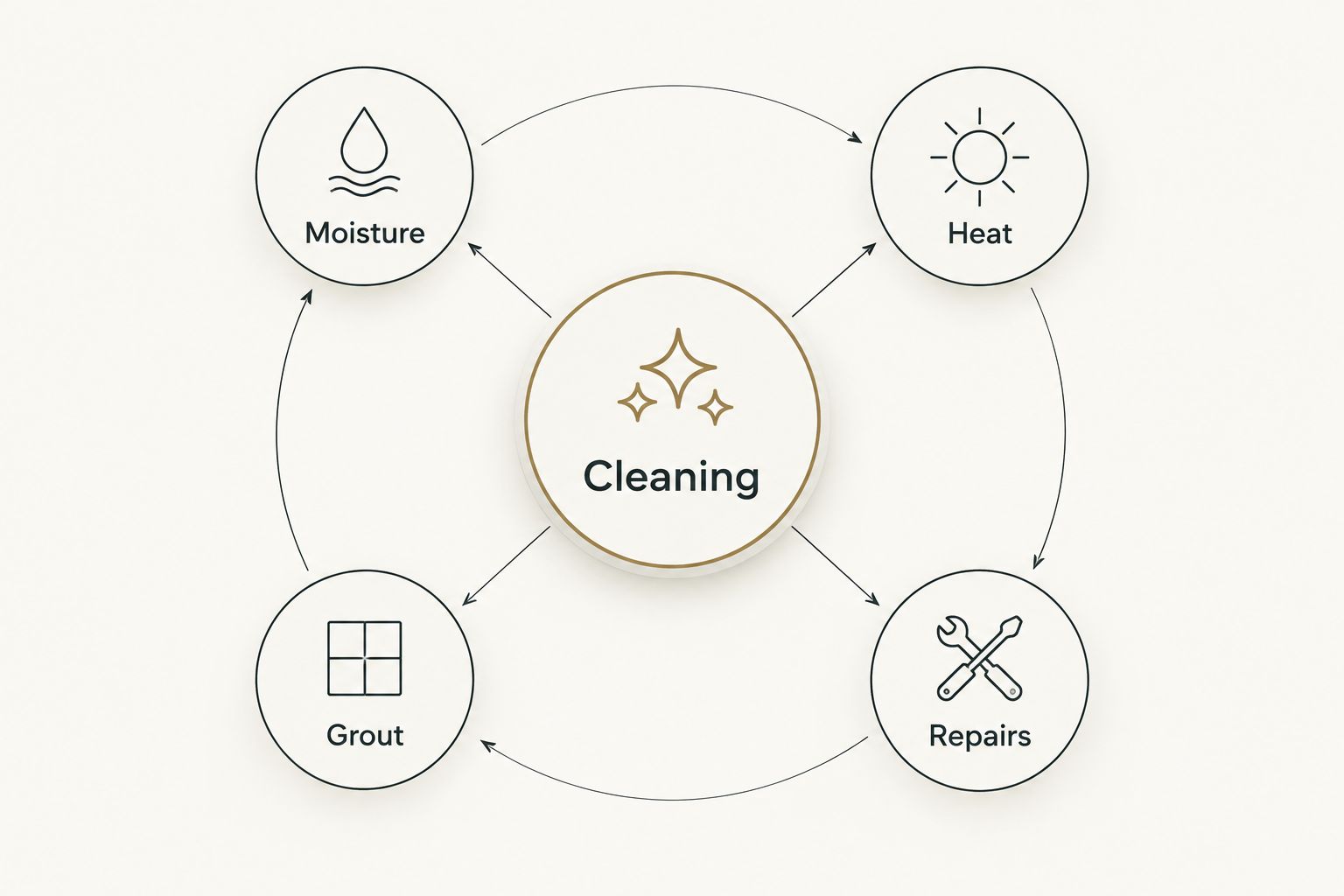 Backsplash selection diagram showing cleaning, moisture, heat, grout and repairs