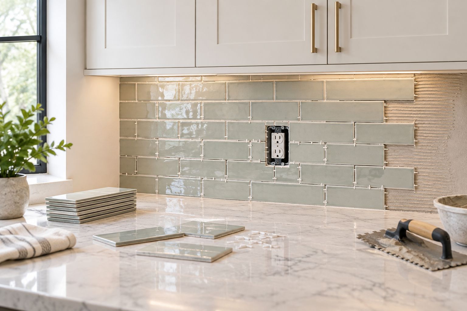 Kitchen tile backsplash layout around an outlet between counter and cabinets