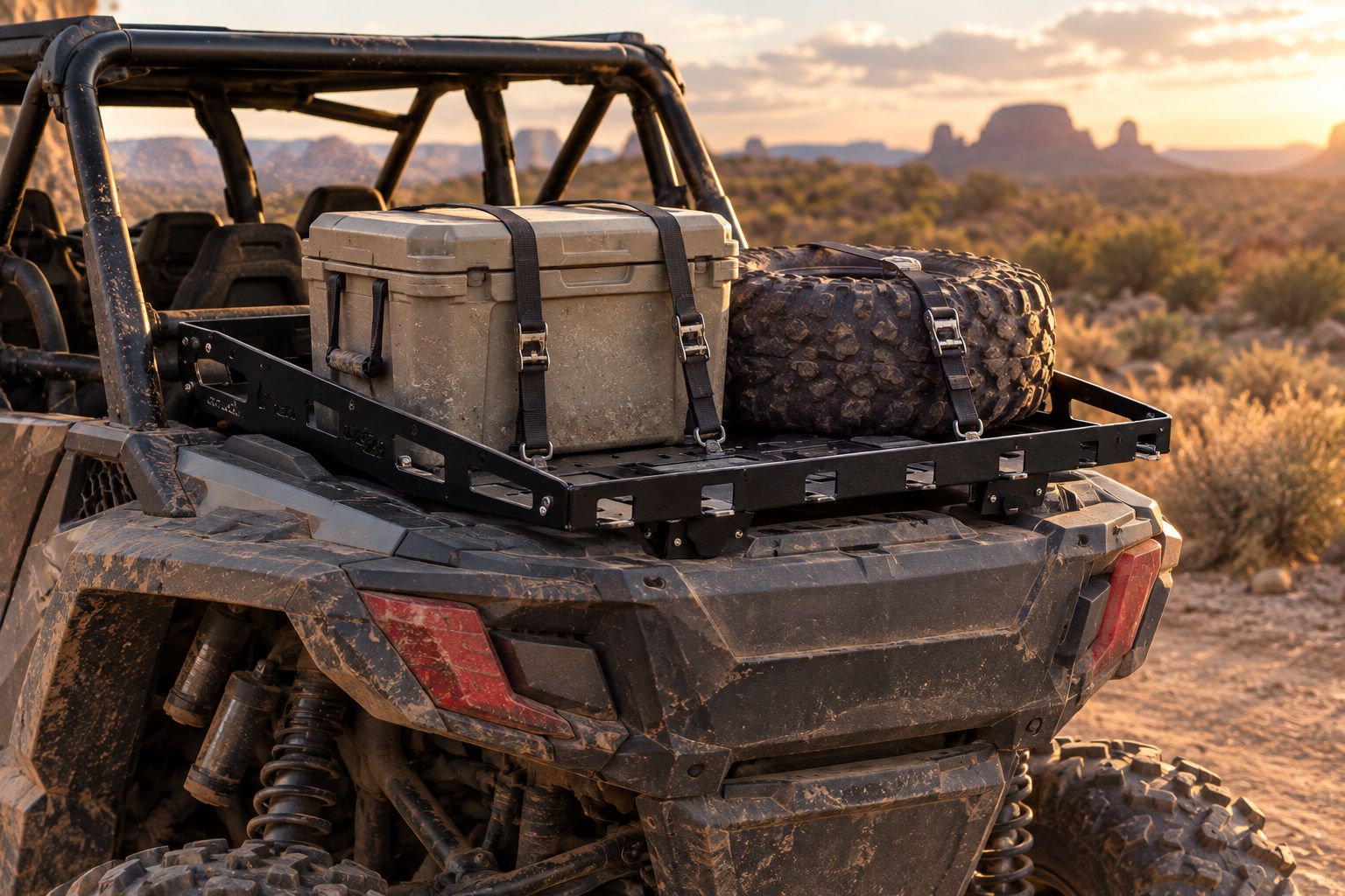 Cargo rack mounted on a UTV bed loaded with a cooler and spare tire