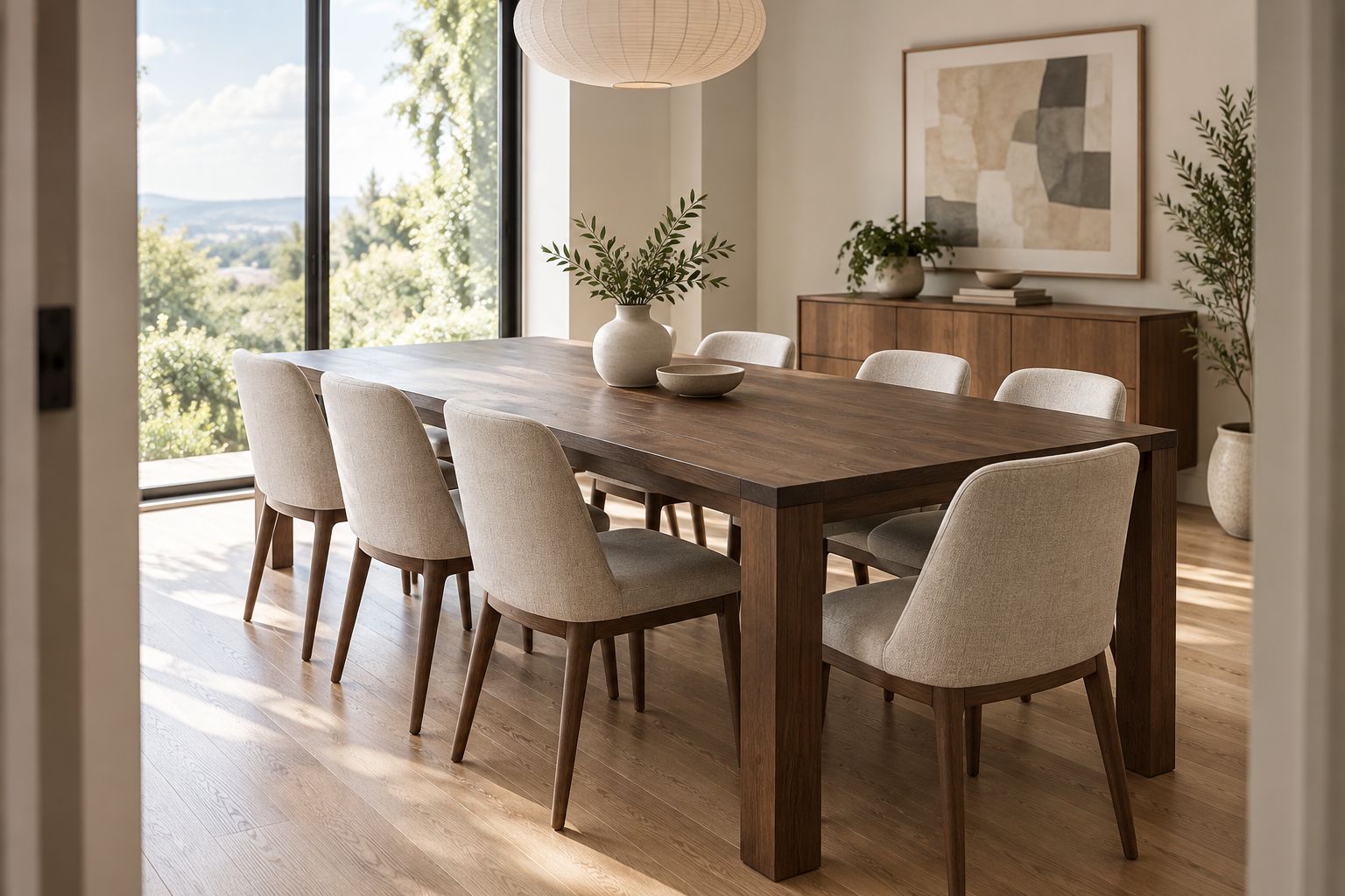 Dark timber dining table with neutral upholstered chairs and clear surrounding floor