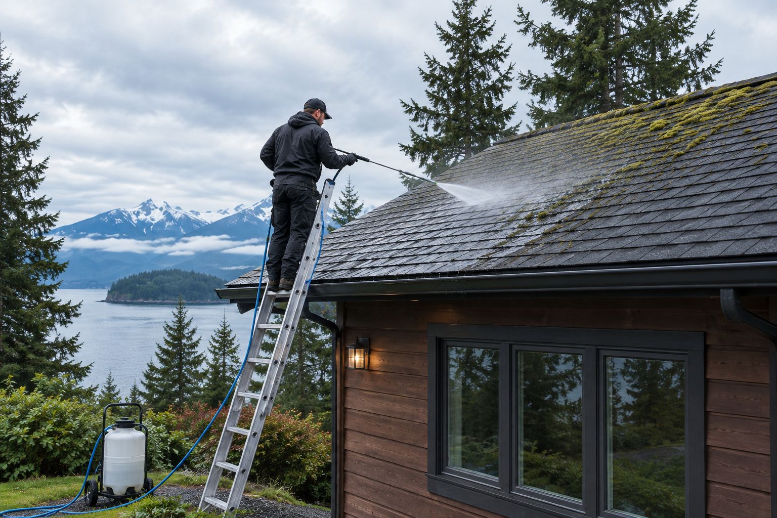 Technician soft-washing moss off an asphalt shingle roof near spruce trees