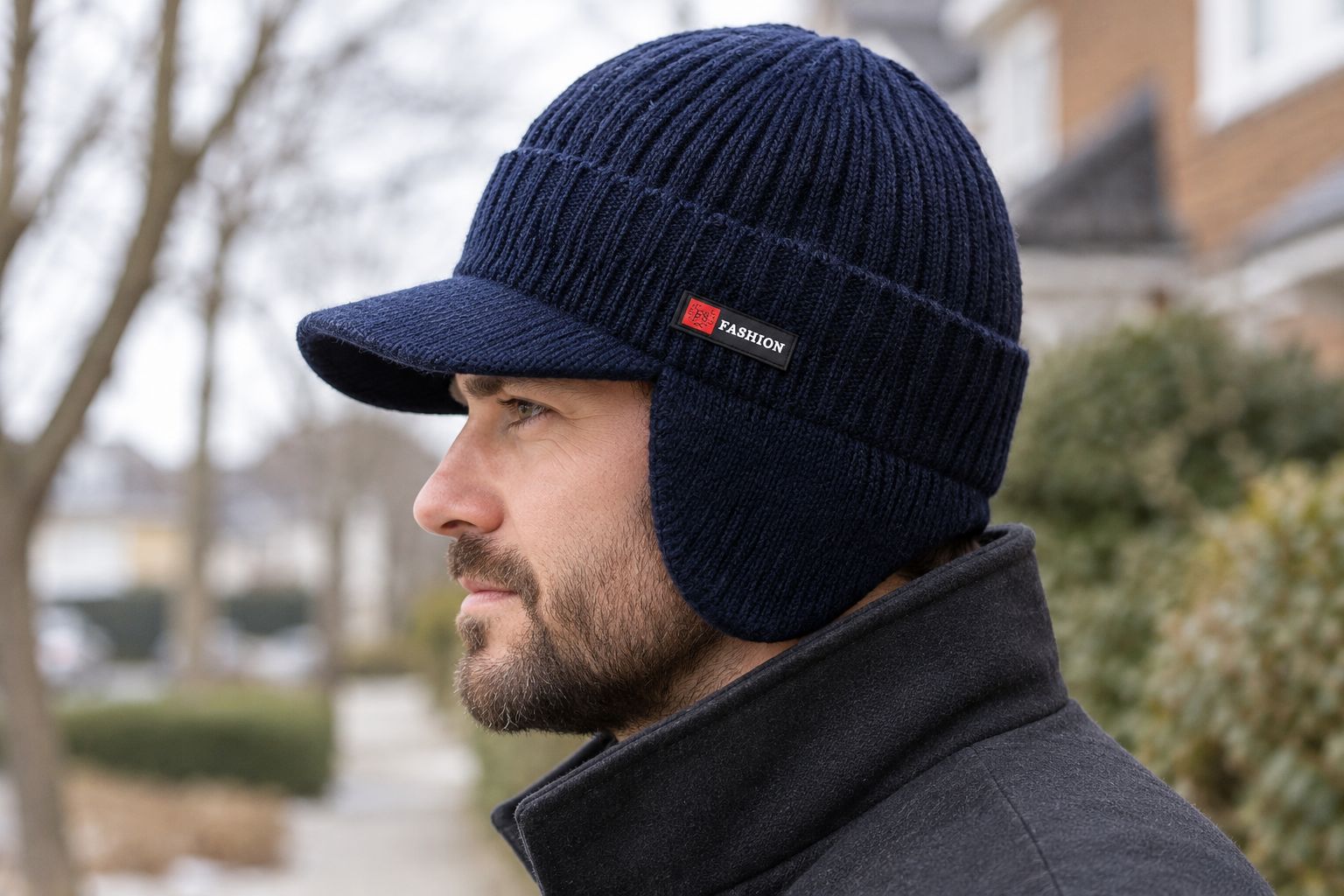 Winter walking hat worn above a plain coat collar