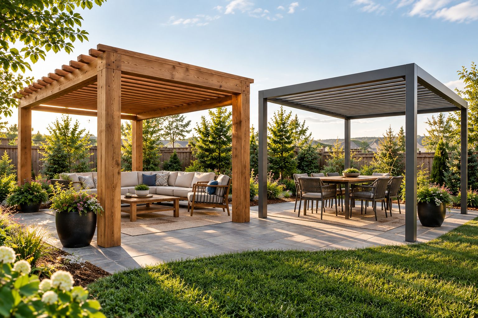 Natural timber and slender metal pergolas showing different frame proportions and surface textures