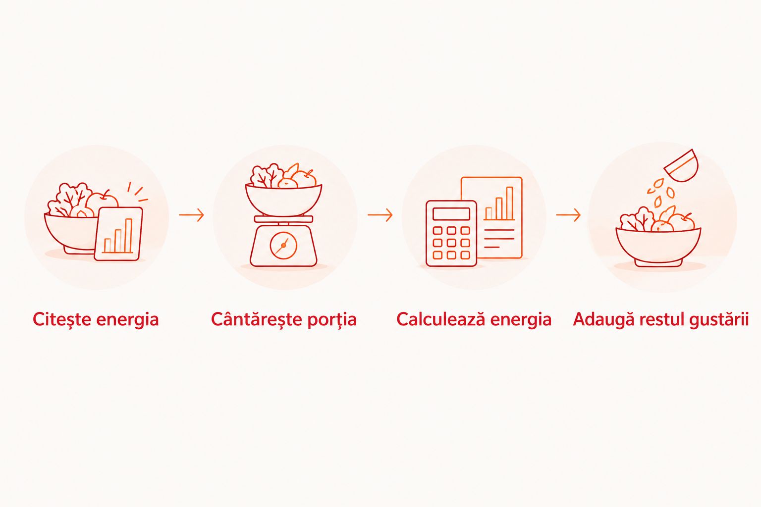 Pașii pentru calcularea caloriilor: eticheta, cântărirea, calculul și adăugarea celorlalte alimente.