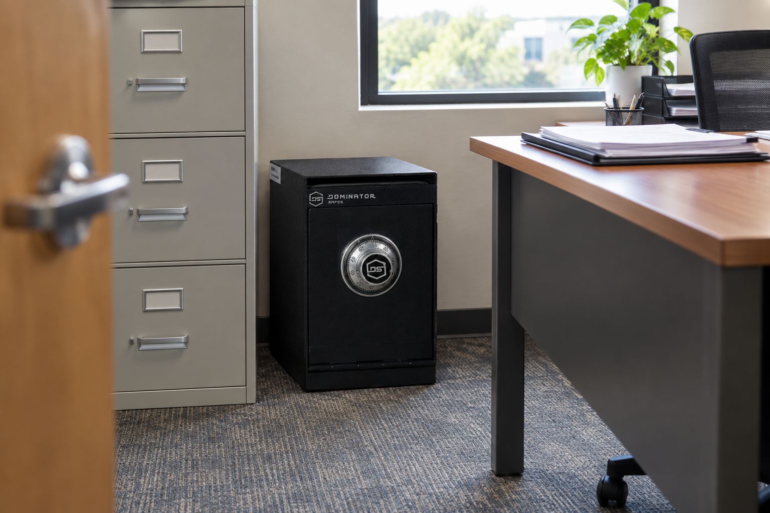 Commercial safe positioned in a small insurance brokerage office