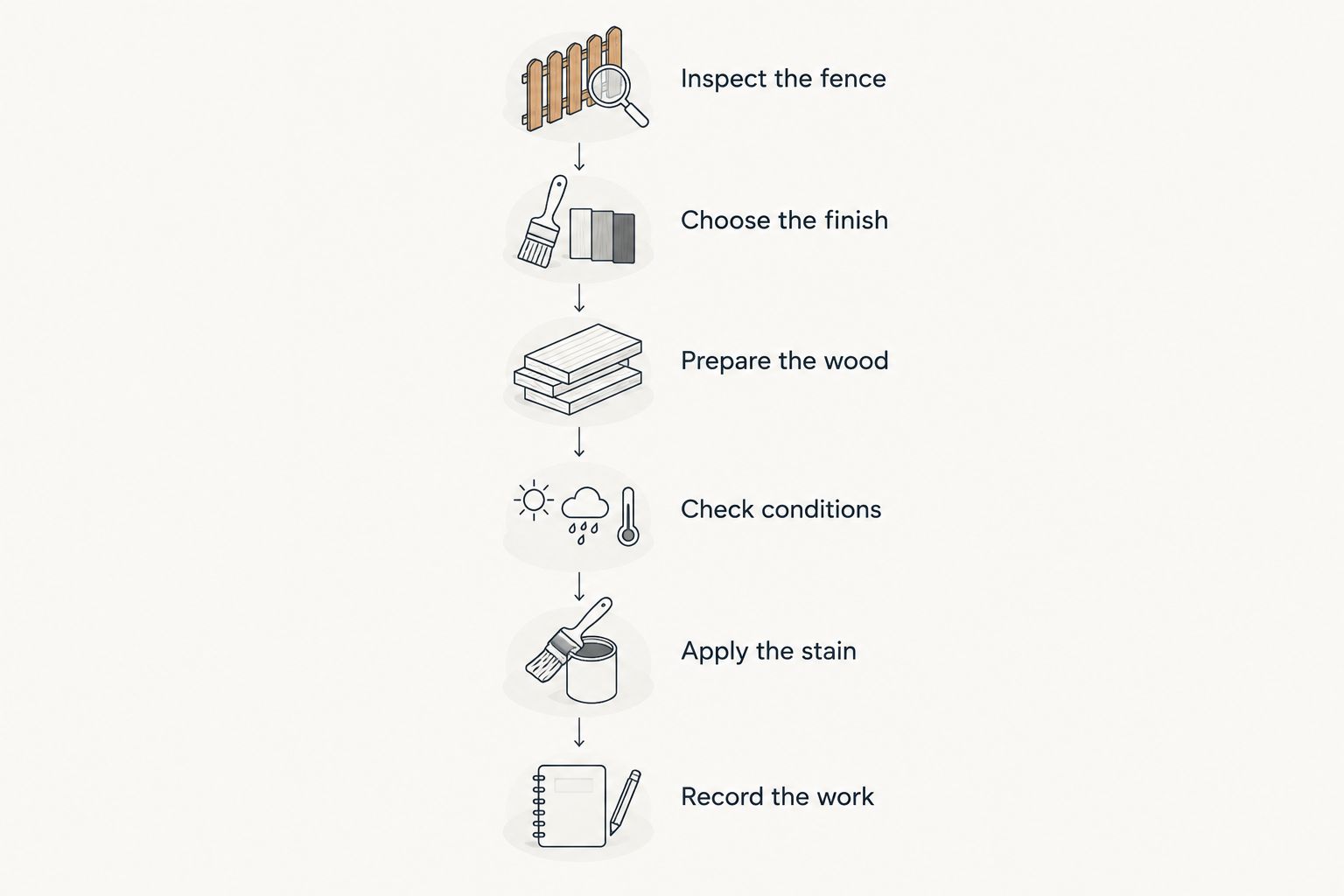 Six stages of fence staining, from inspection through recording the completed work