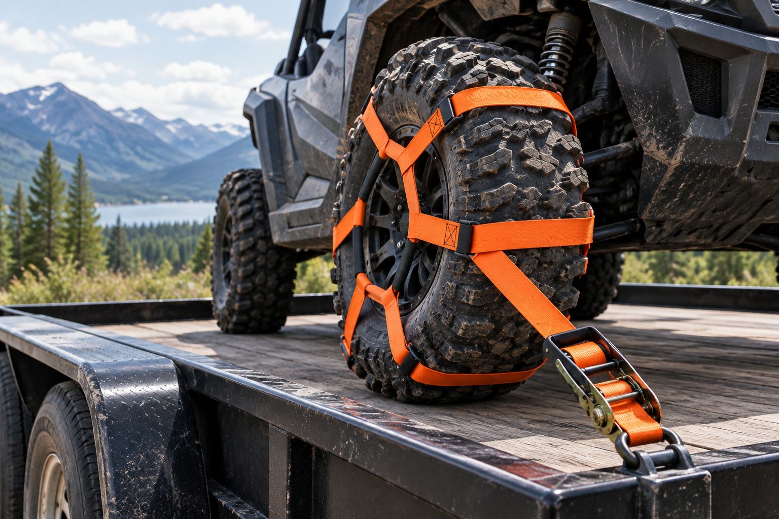 Ratchet strap wheel net securing a UTV tire to a trailer