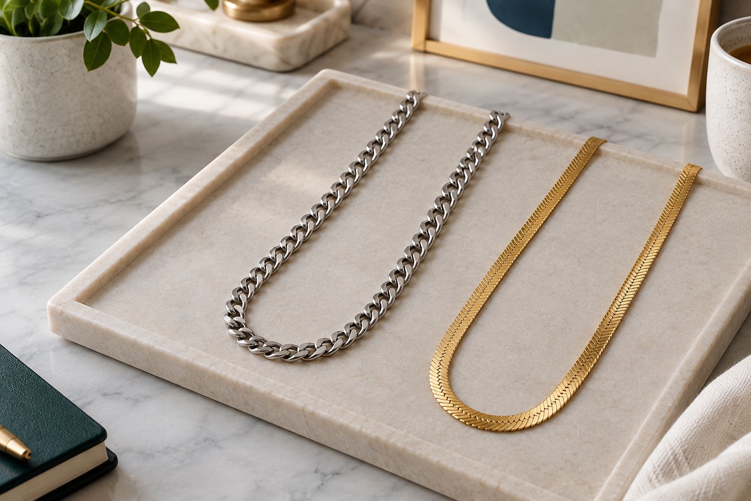 Curb and herringbone chains showing separate interlocking links beside a flat, closely arranged profile.