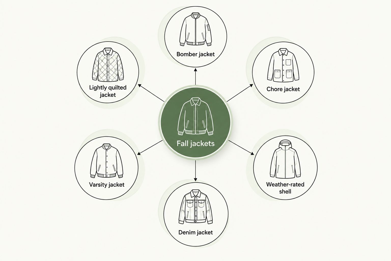 Six fall jacket styles arranged around a central fall jackets label