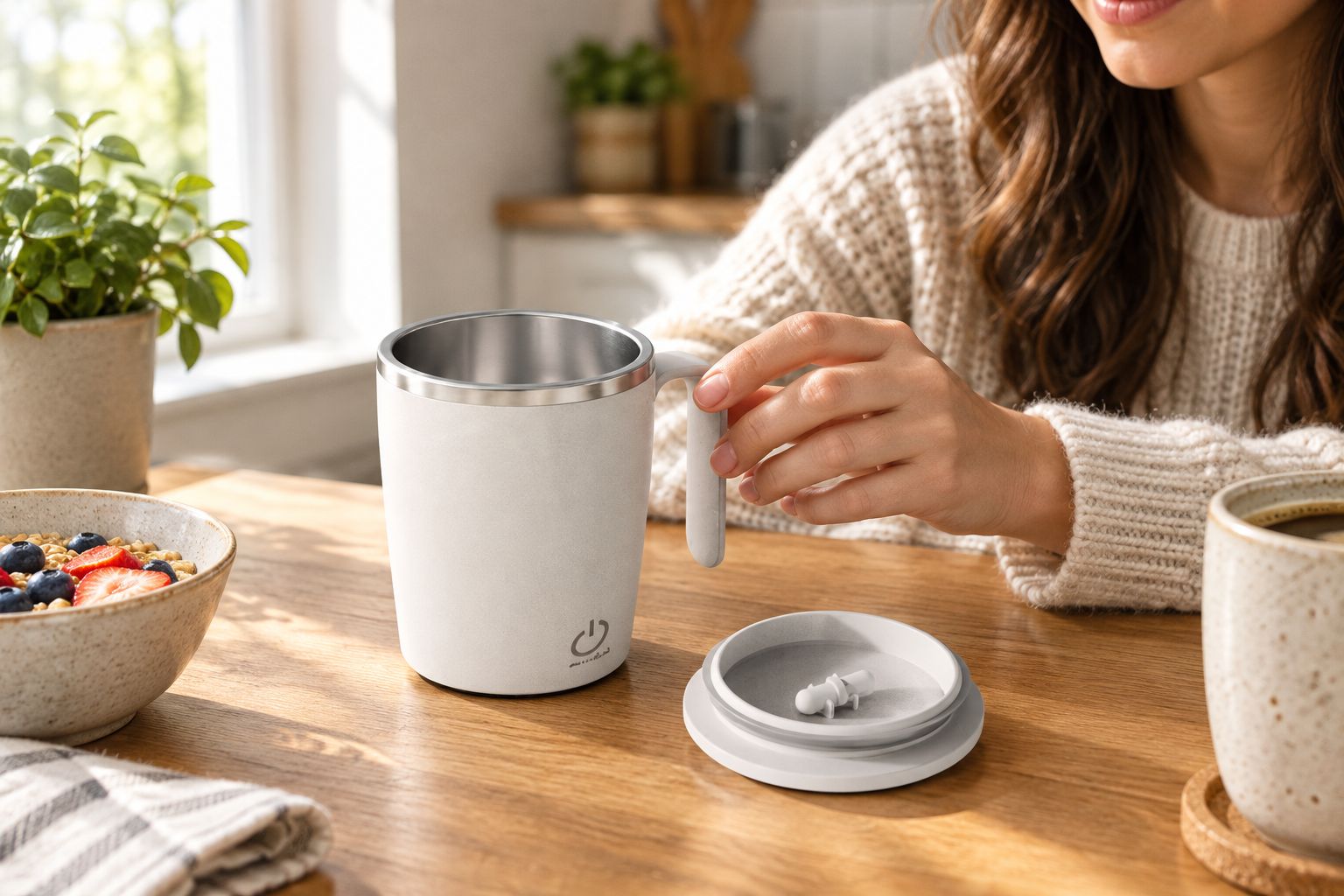 An automatic mixing coffee mug on a kitchen table during a morning coffee routine