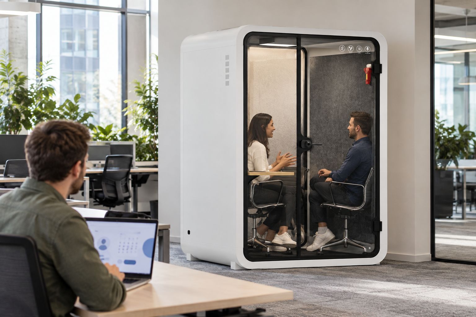 Two people using a soundproof meeting booth booked through a room scheduling app
