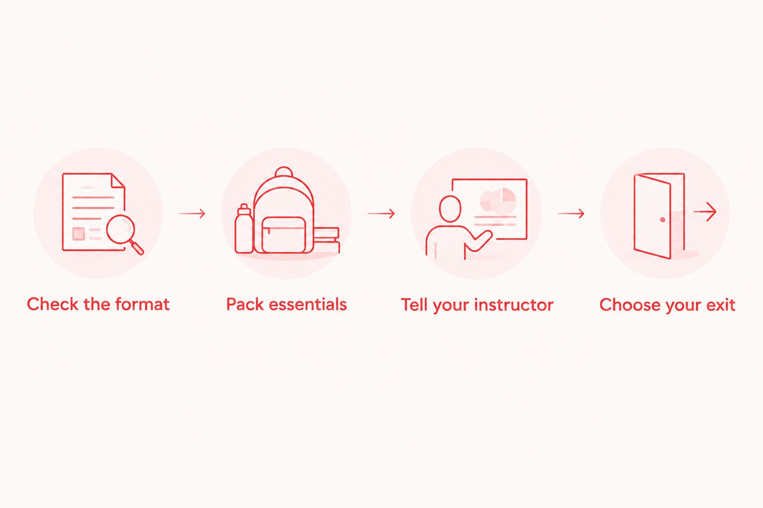 Four preparation steps covering class format, essentials, instructor communication, and leaving the room.