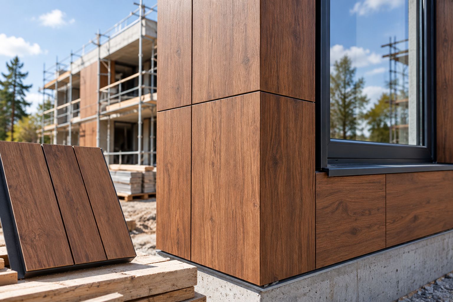 Fassadenmusterfläche mit Holzoptik, Außenecke und Fensteranschluss