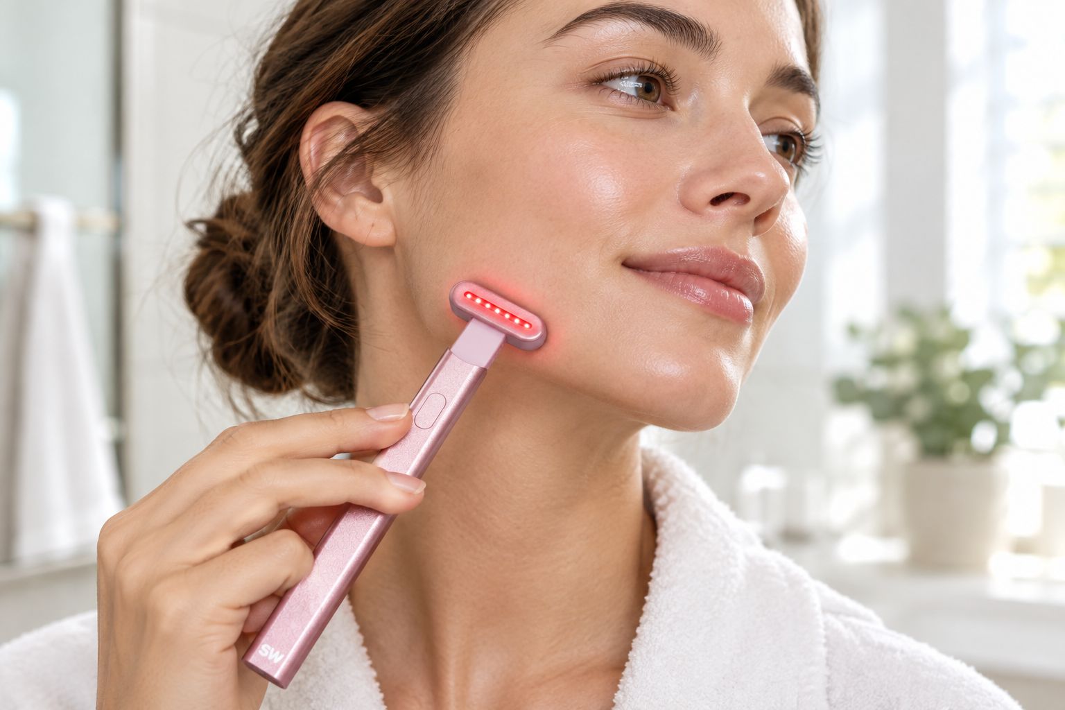 Red light therapy wand being used along the jawline