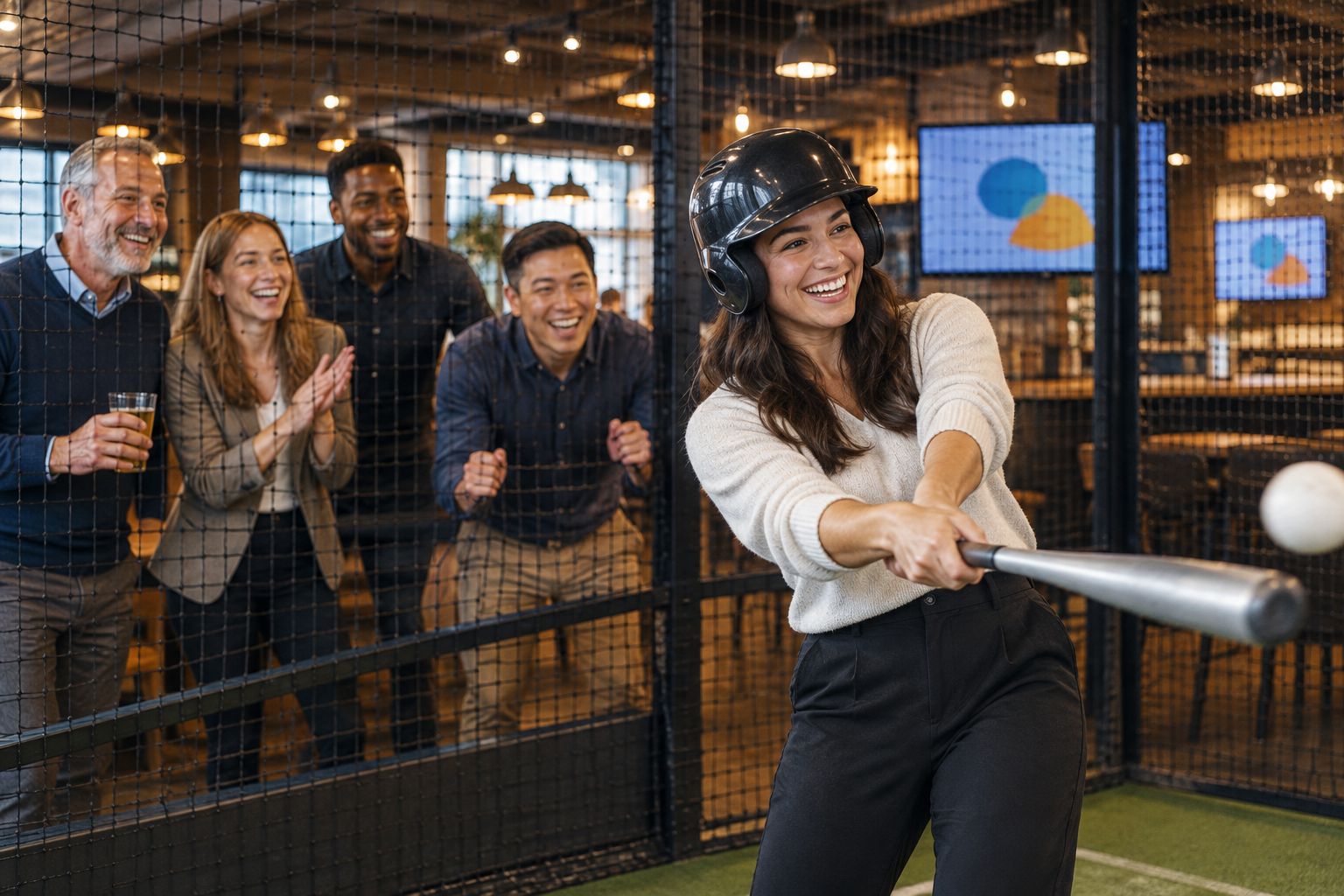 Colleagues of mixed ages celebrating together at an indoor batting cage bar