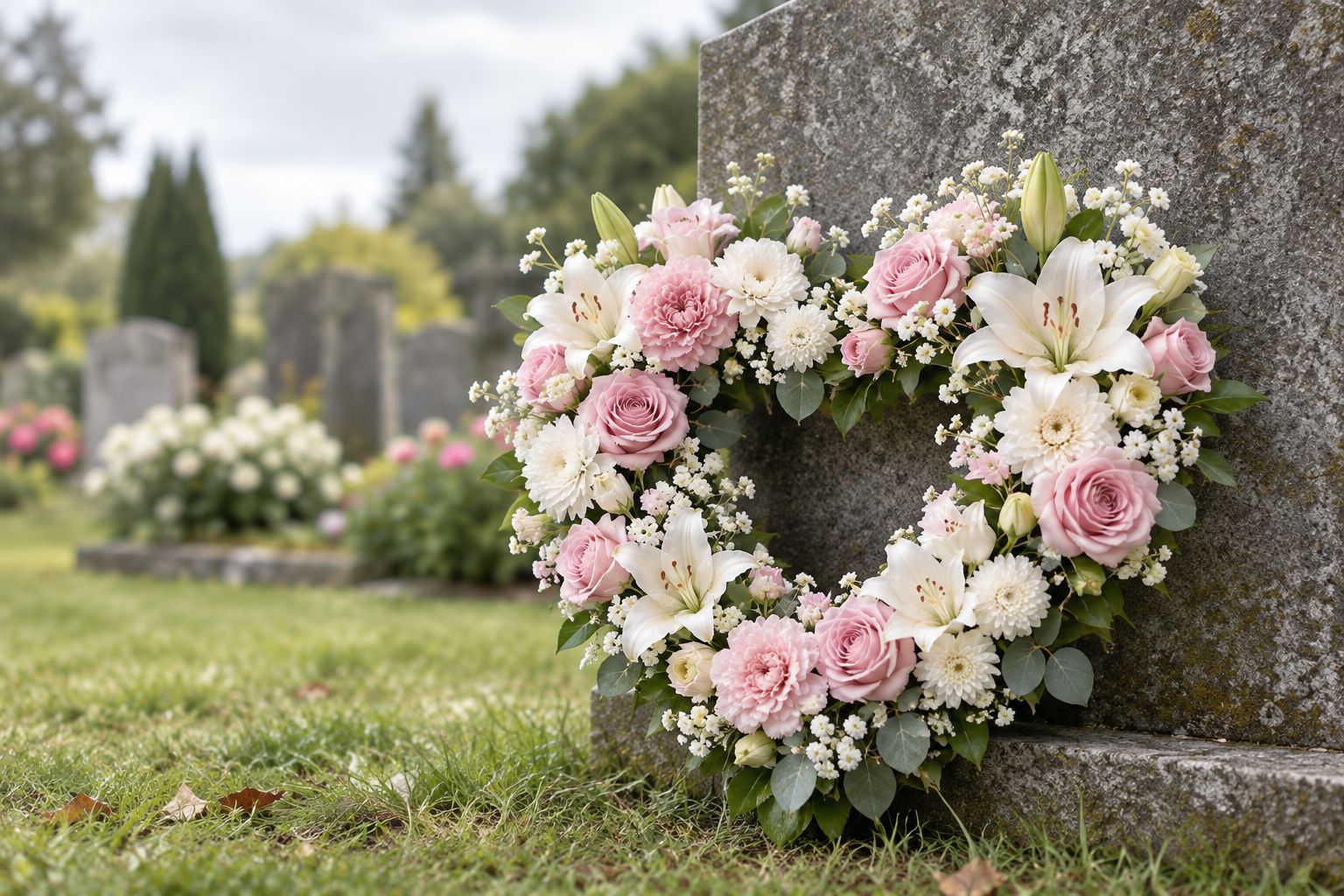 Heart-shaped silk floral wreath tribute placed at a graveside