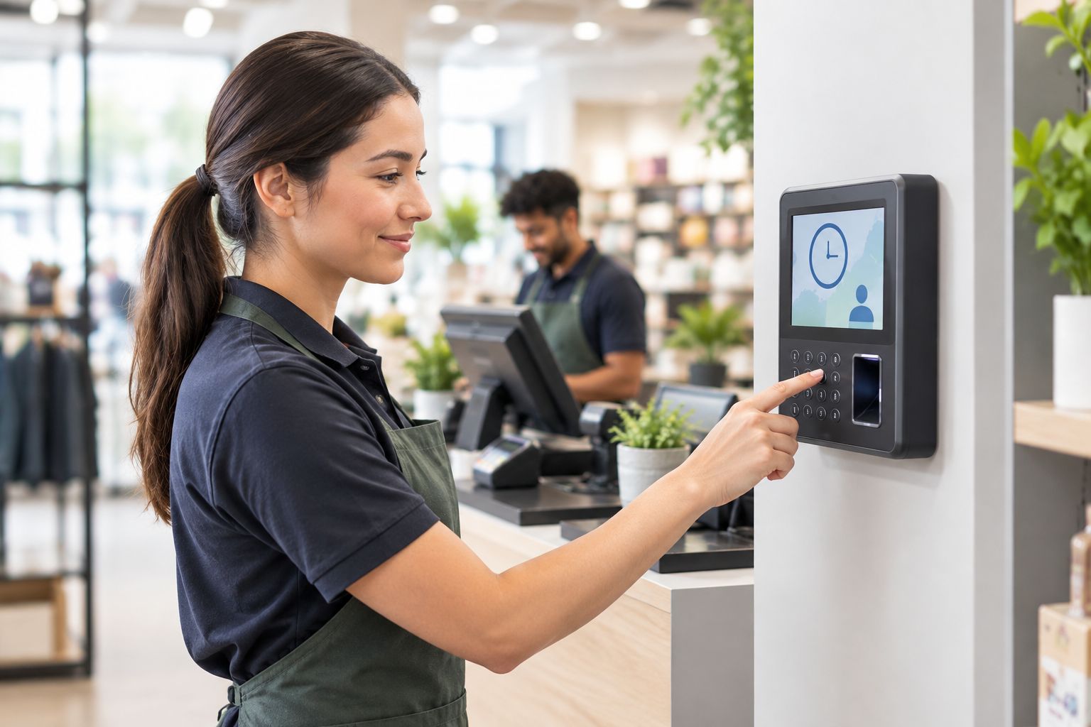 Employee entering a PIN code at a wall-mounted time clock kiosk in a retail store