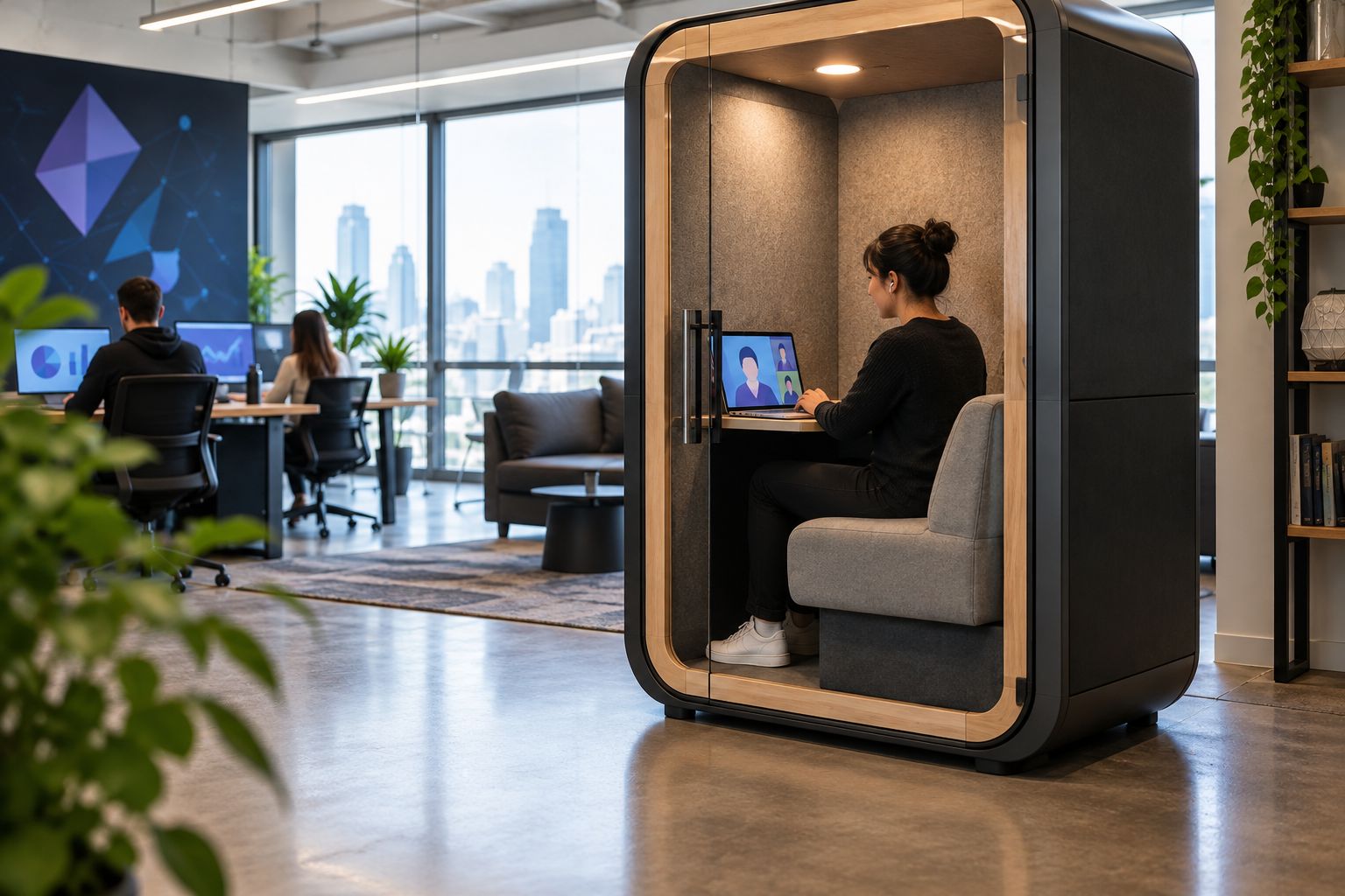 One person making a video call inside an unbranded office phone booth