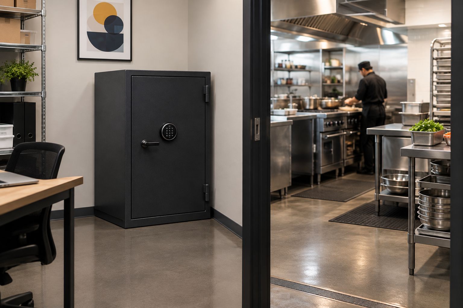 Commercial safe in a dry back-of-house office with clear operating space