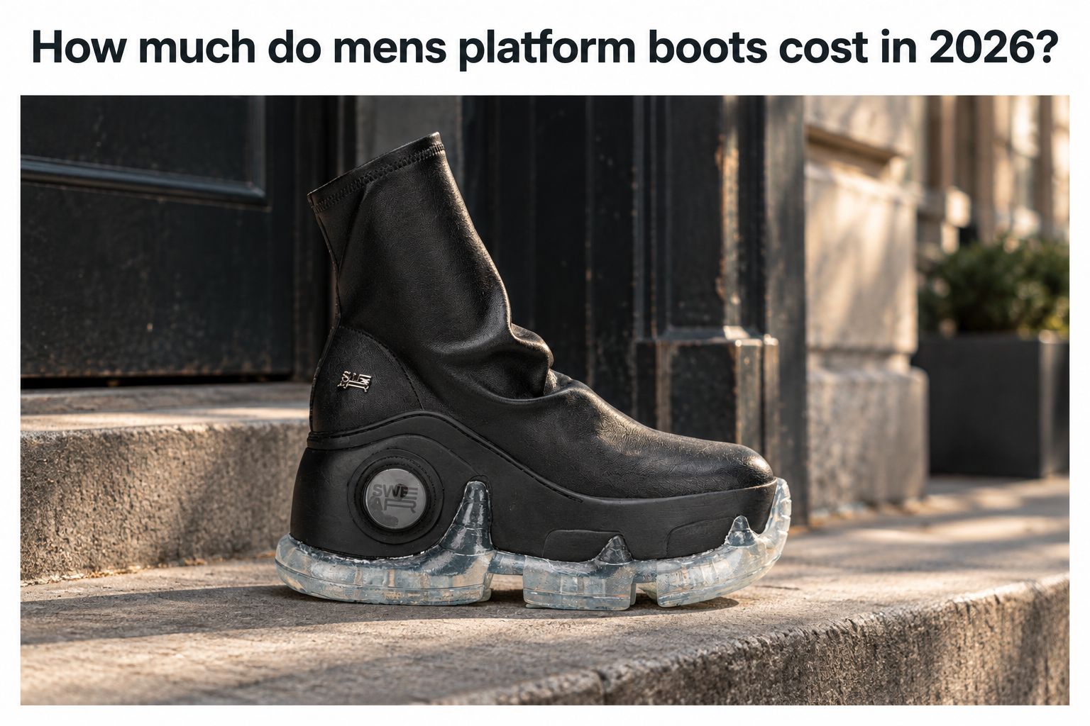 Vegan leather platform boot with a stacked wedge sole on a concrete step
