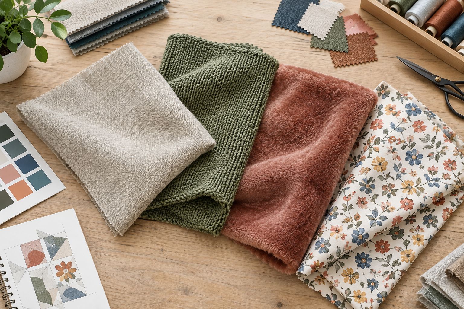 Fabric swatches showing different woven, knitted, plush, and printed surfaces