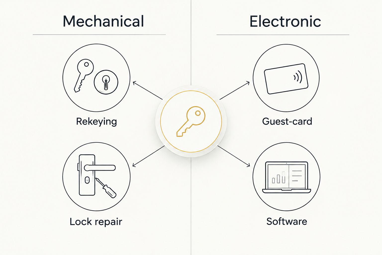Comparison separating mechanical rekeying and lock repair from electronic guest-card and software issues