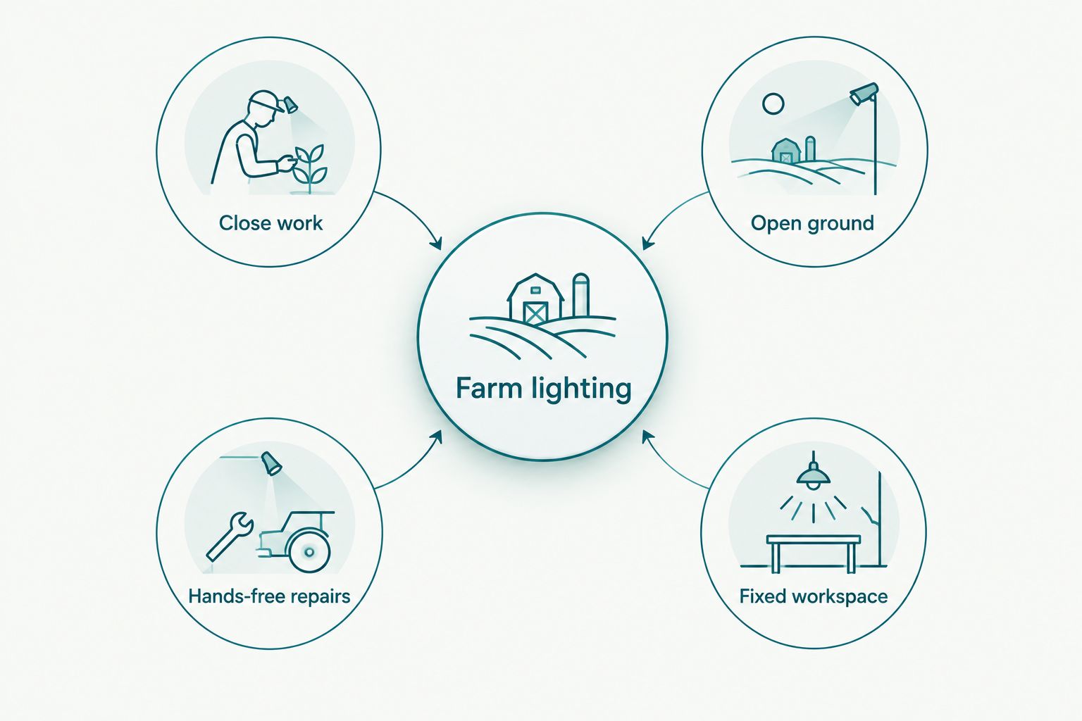 Farm lighting choices grouped by close work, open ground, hands-free repairs and fixed workspaces