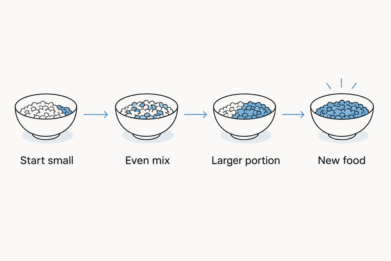Four stages of gradually replacing a dog’s familiar food with a new recipe