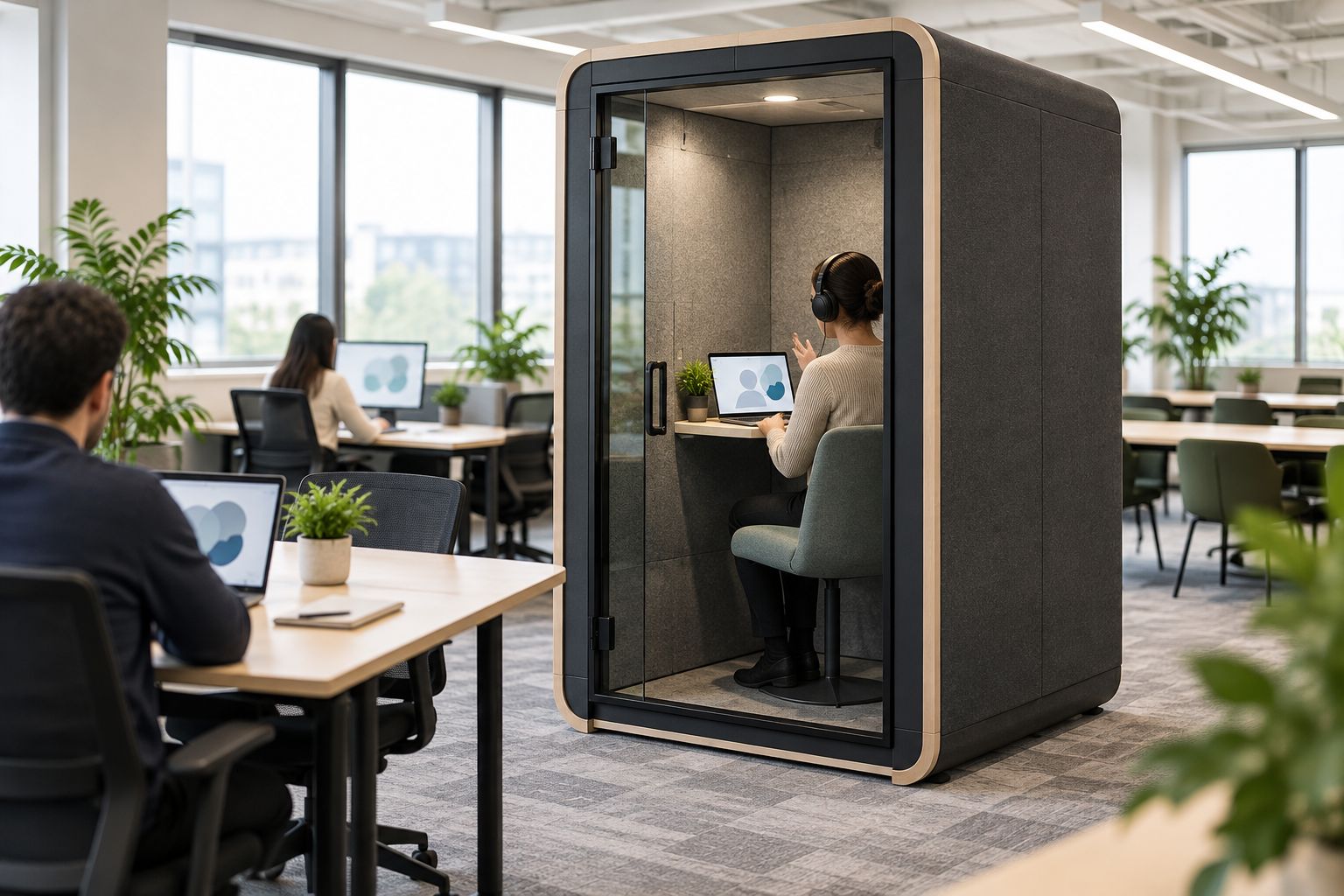 An enclosed office booth beside shared desks, with a person making a video call