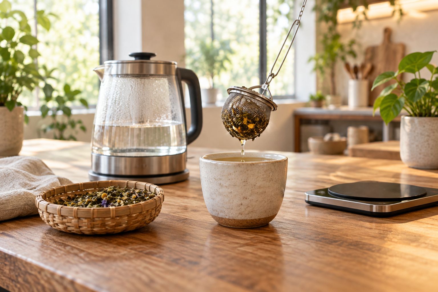 A basket infuser lifted from a tea cup beside a kettle and measuring equipment