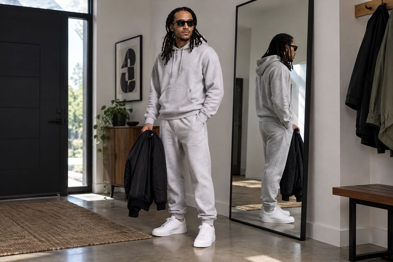 A person checking hoodie and sweatpants proportions with sneakers and a jacket
