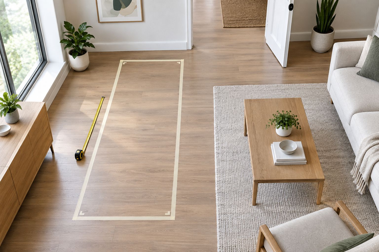 A proposed sofa footprint marked on a living room floor beside a clear doorway