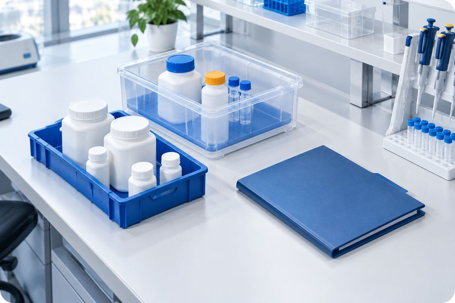 Sealed research chemical containers and separate documentation on an organized laboratory receiving bench