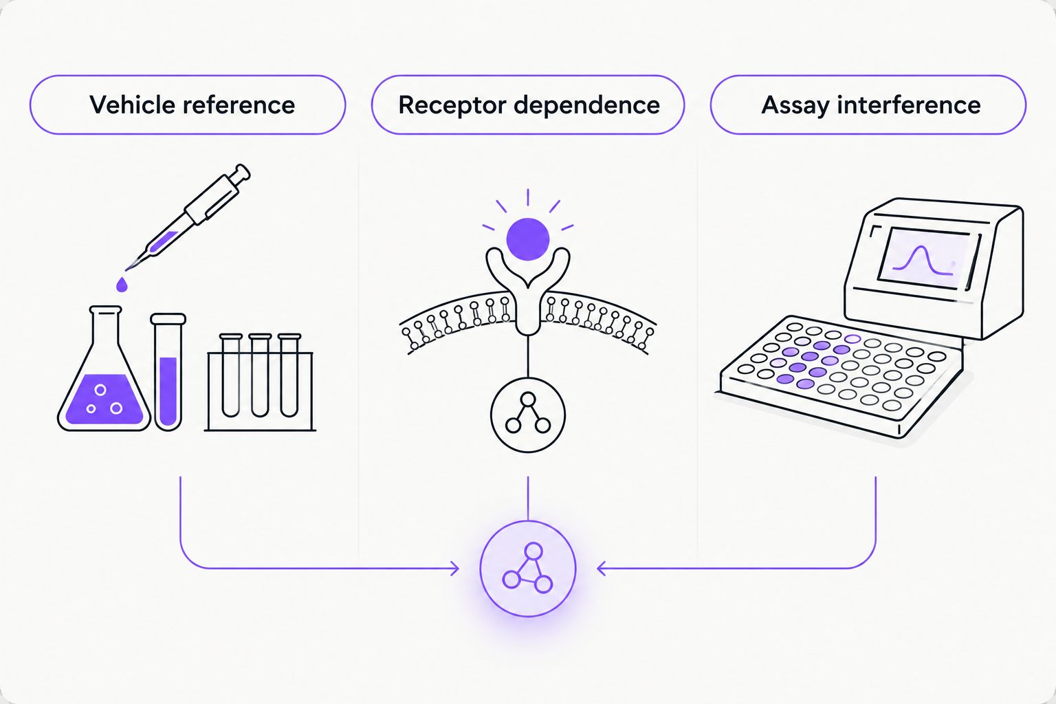 Three separate control questions covering vehicle contribution, receptor dependence, and assay interference