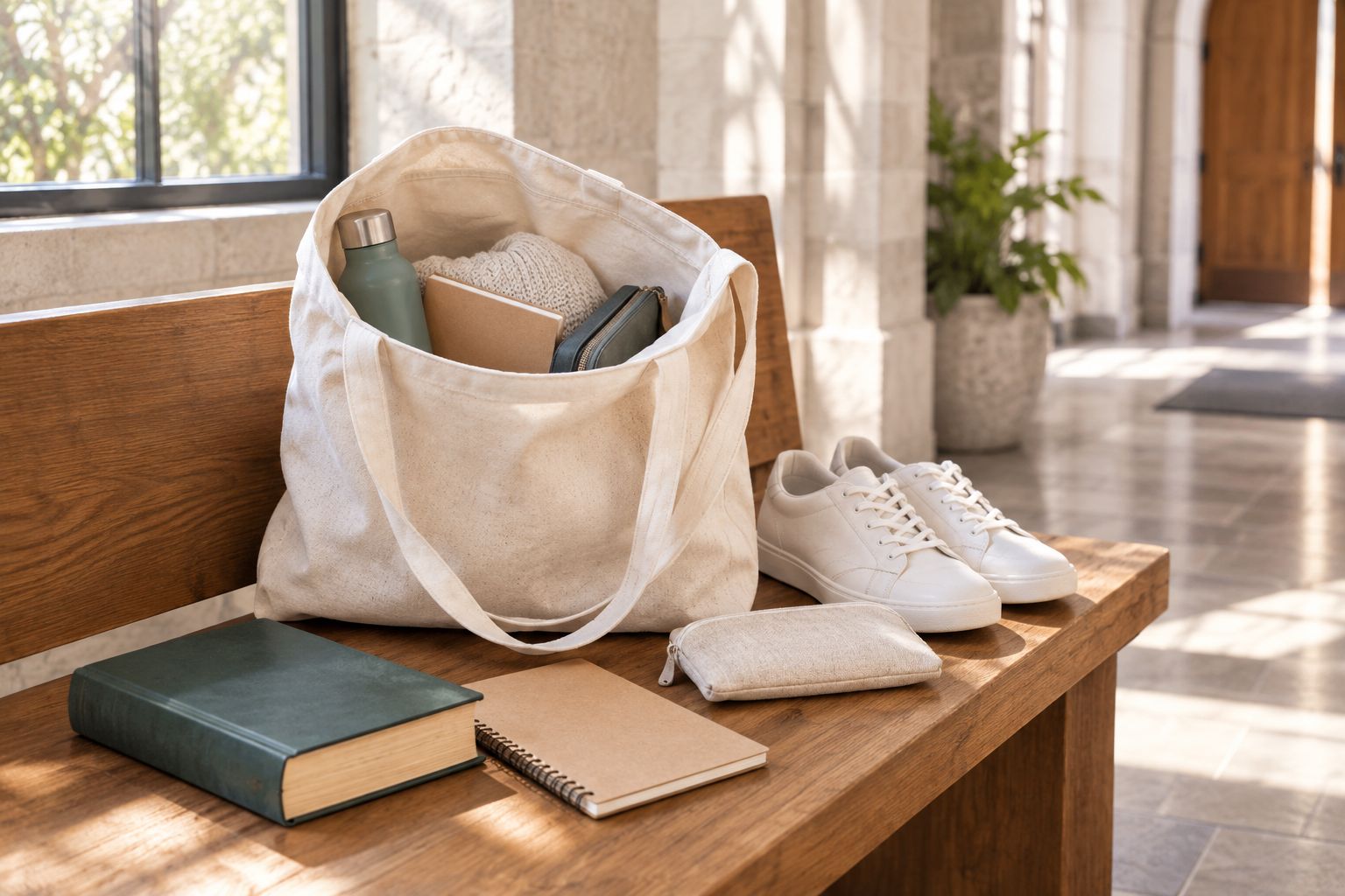 Open tote beside a book, notebook, pouch, and sneakers before leaving home