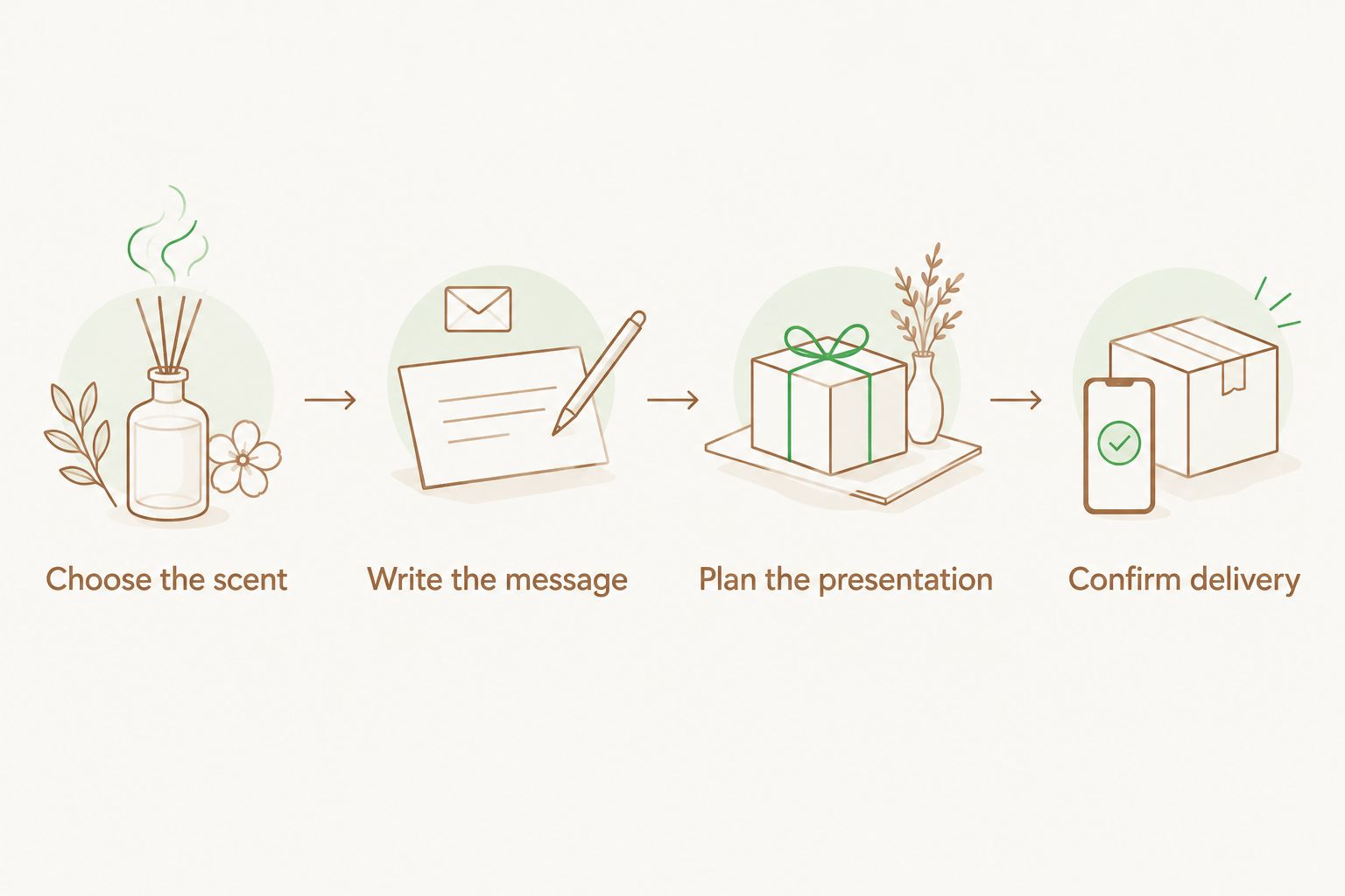 Four steps for specifying a personalized candle gift, from scent selection to delivery confirmation.