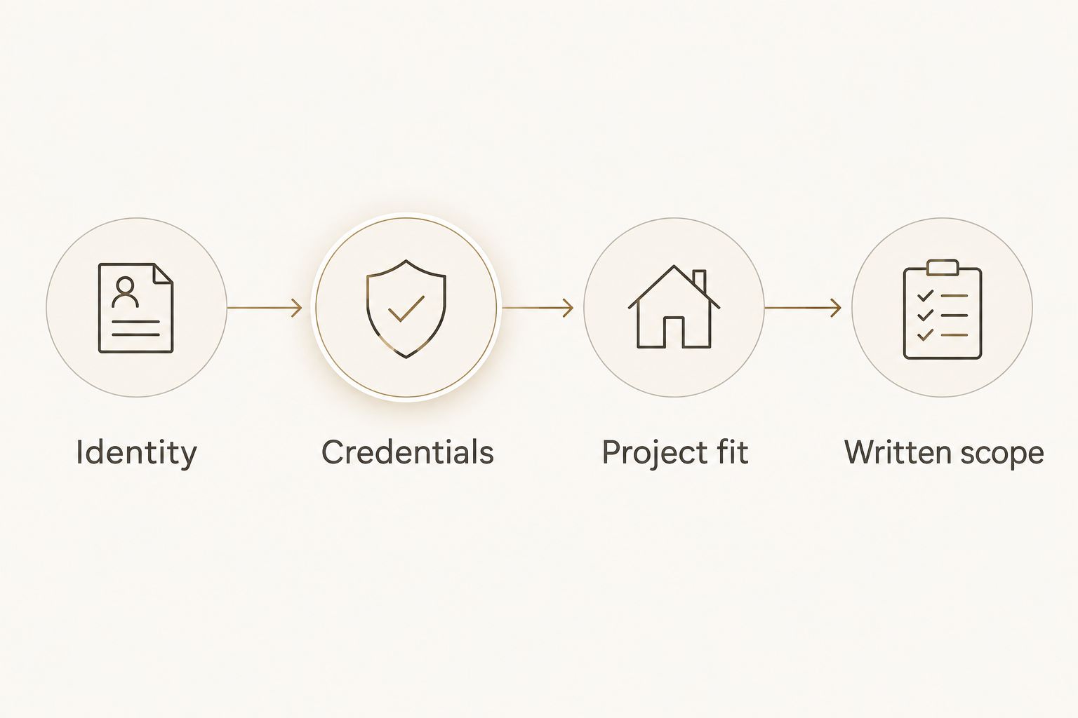 Four contractor selection checkpoints: identity, credentials, project fit, and written scope