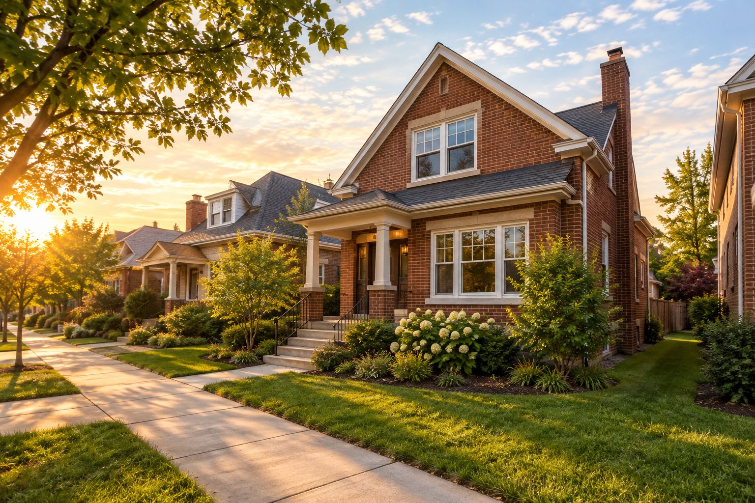 Detached brick house with separation from neighboring homes and a modest side yard