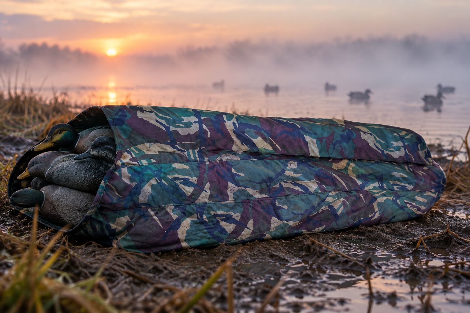 Camouflage decoy bag loaded with duck decoys on a foreshore at dawn