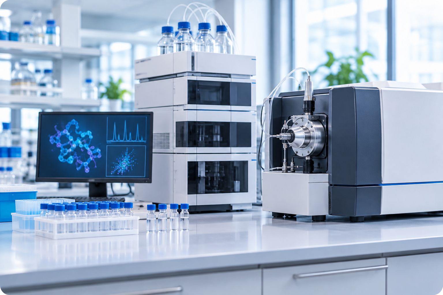 Unbranded sample vials beside chromatography and mass spectrometry instruments in an analytical laboratory