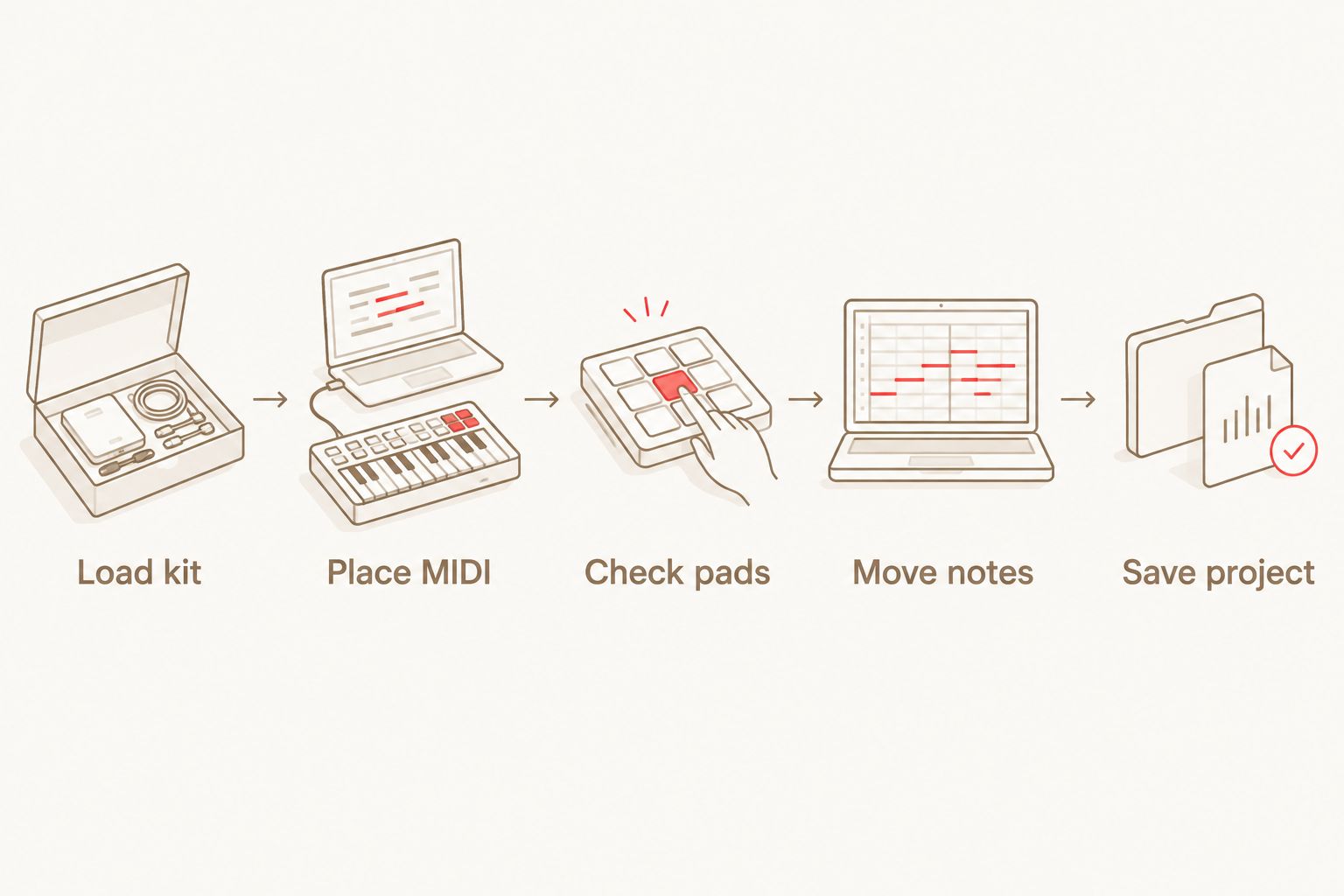 Workflow from loading a Groove Agent kit to saving corrected drum MIDI mapping