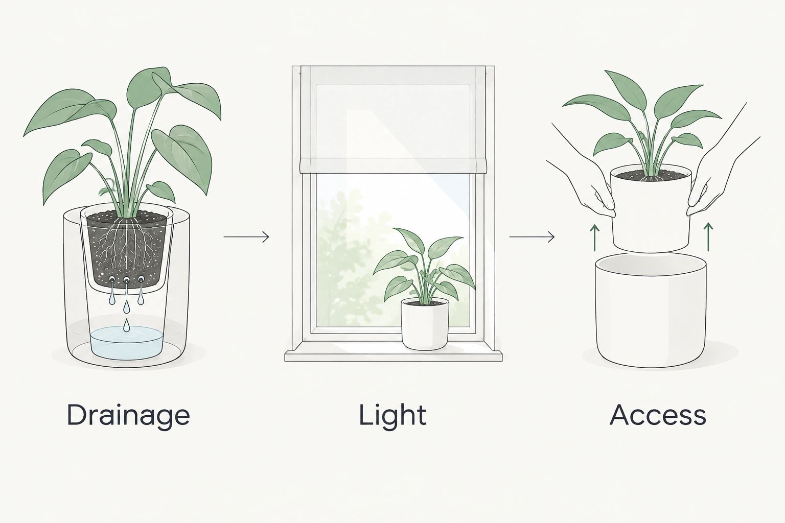 Three orchid display checks: drainage, light, and access.